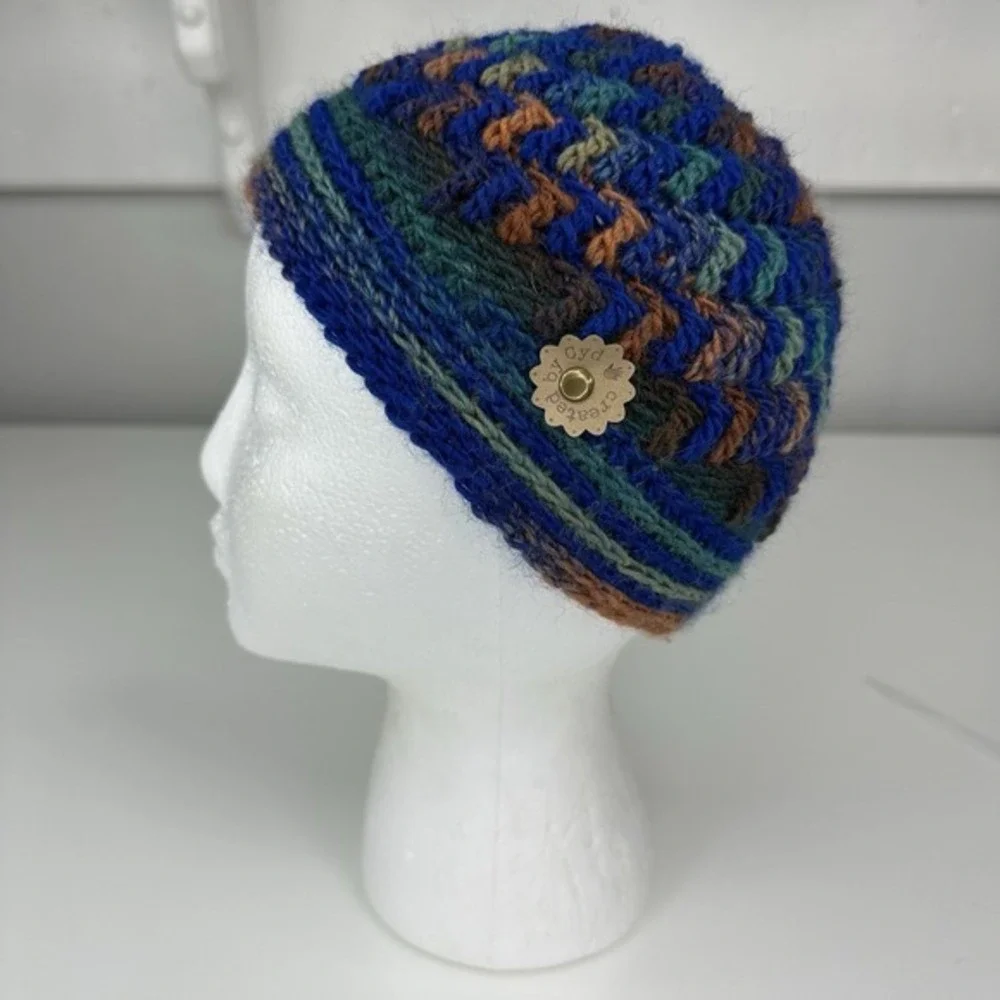 Created by Cyd Handmade Crochet Beanie Hat Blue Green Brown Boho Knit Cap NEW